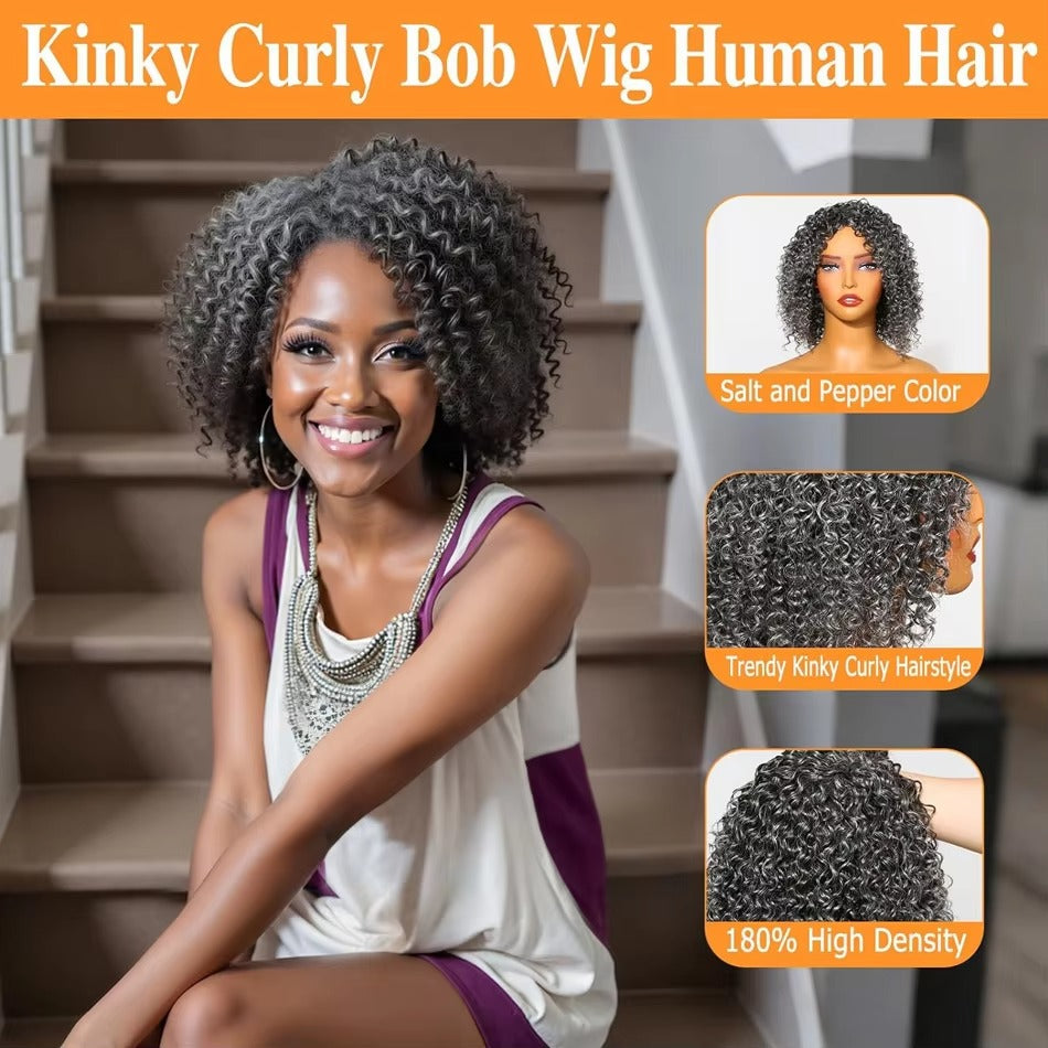 Salt & Pepper Curly Gray Human Hair Wig for Women – Short Kinky Deep Wave Glueless Natural Look Wig