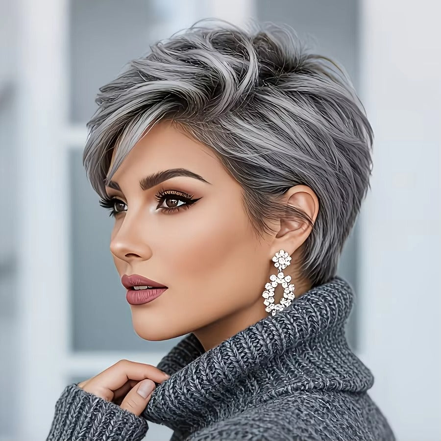 Natural Gray Short Bob Pixie Cut Synthetic Wig with Bangs