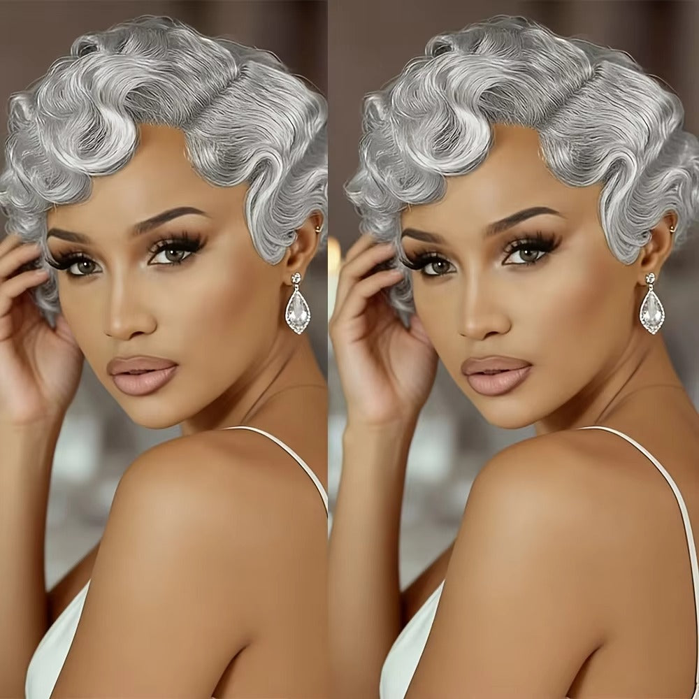 Gray Short Finger Wave Pixie Cut Human Hair Wig for Women