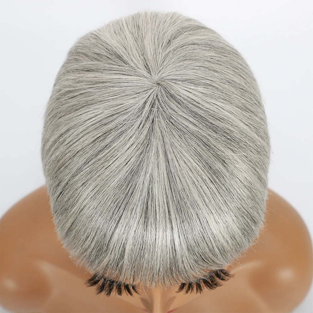 Ombre Grey Short Pixie Cut Human Hair Wig with Bangs