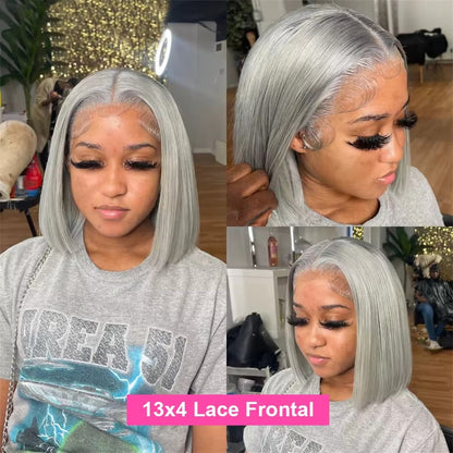 Silver Grey Straight Bob Wig | 13x4 Lace Front Human Hair