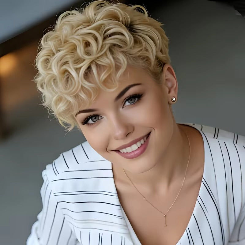 613 Blonde Curly Short Bob Pixie Cut Human Hair Wig with Bangs