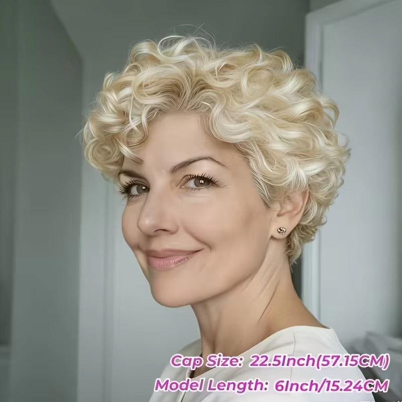 613 Blonde Curly Short Bob Pixie Cut Human Hair Wig with Bangs