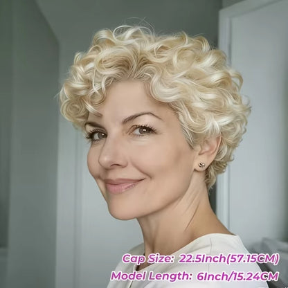 613 Blonde Curly Short Bob Pixie Cut Human Hair Wig with Bangs