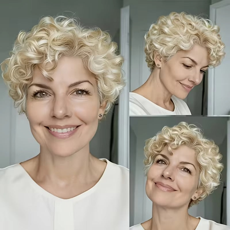 613 Blonde Curly Short Bob Pixie Cut Human Hair Wig with Bangs
