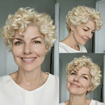 613 Blonde Curly Short Bob Pixie Cut Human Hair Wig with Bangs
