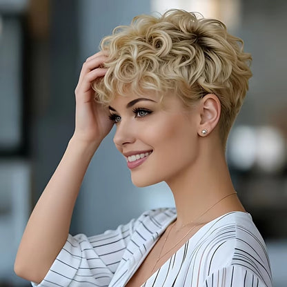 613 Blonde Curly Short Bob Pixie Cut Human Hair Wig with Bangs