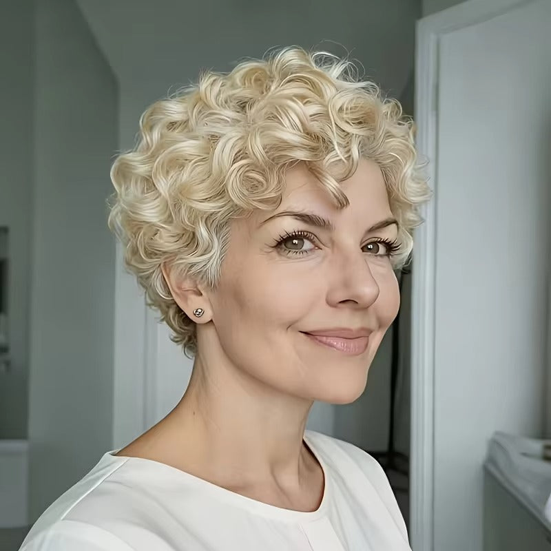 613 Blonde Curly Short Bob Pixie Cut Human Hair Wig with Bangs