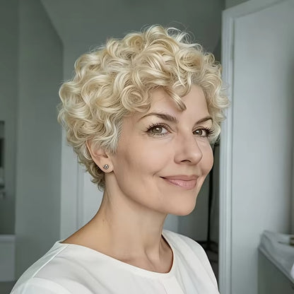 613 Blonde Curly Short Bob Pixie Cut Human Hair Wig with Bangs