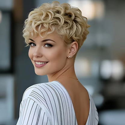 613 Blonde Curly Short Bob Pixie Cut Human Hair Wig with Bangs