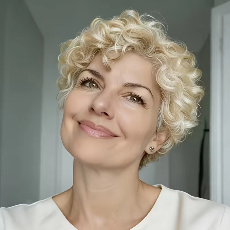 613 Blonde Curly Short Bob Pixie Cut Human Hair Wig with Bangs
