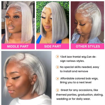 Silver Grey Straight Bob Wig | 13x4 Lace Front Human Hair