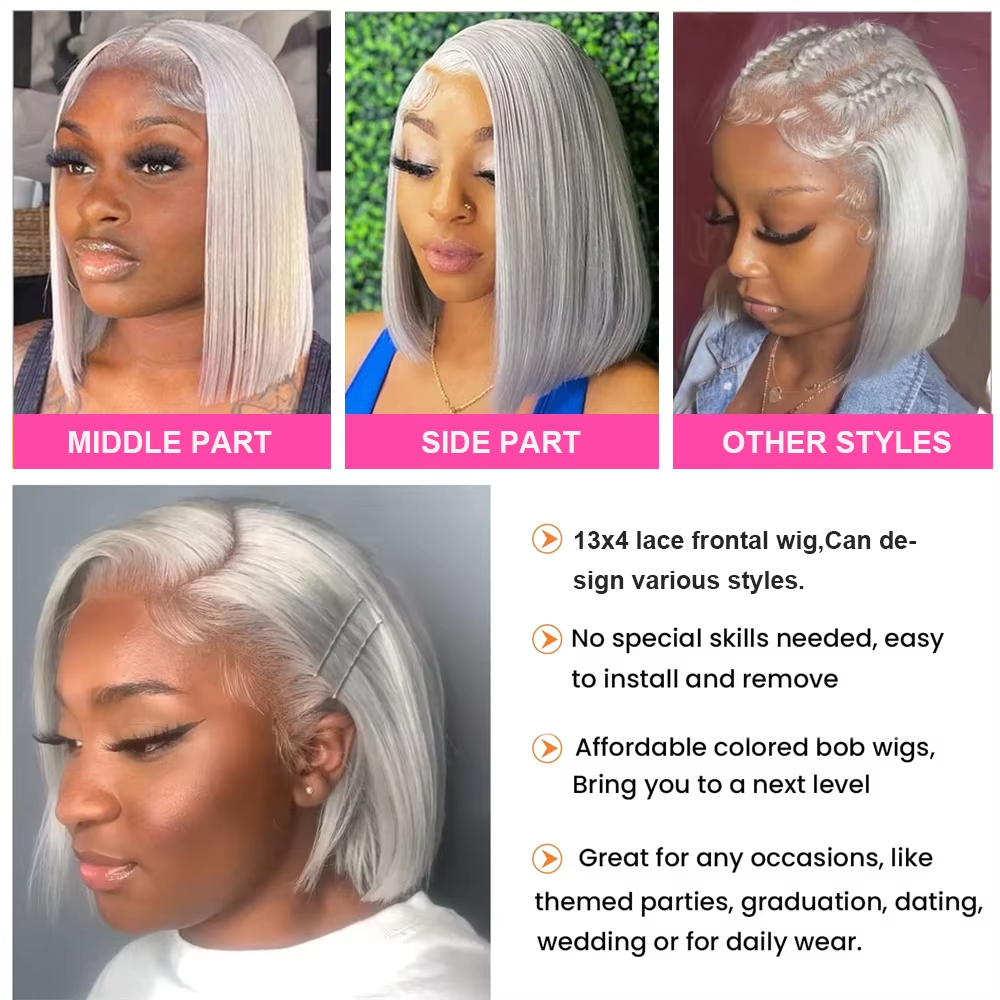 Straight Short Bob Grey Human Hair Wig | 13x4 Lace Frontal