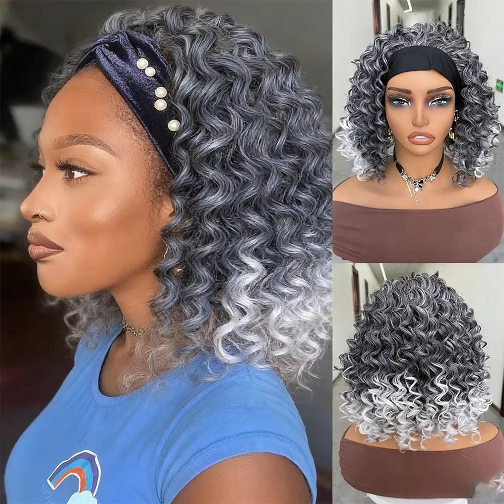 Grey Afro Kinky Curly Headband Wig for Women – Glueless Synthetic Deep Wave Wig
