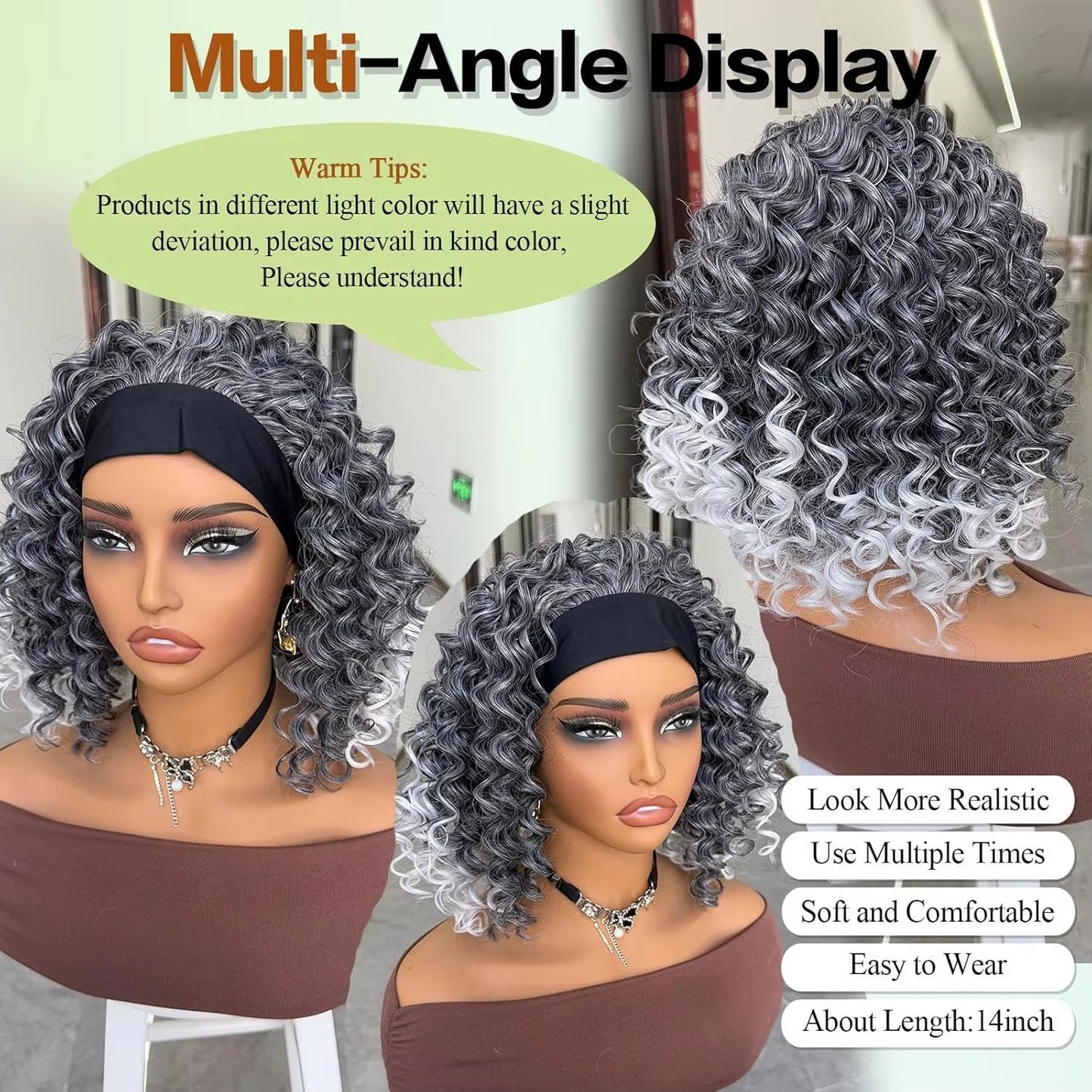 Grey Afro Kinky Curly Headband Wig for Women – Glueless Synthetic Deep Wave Wig