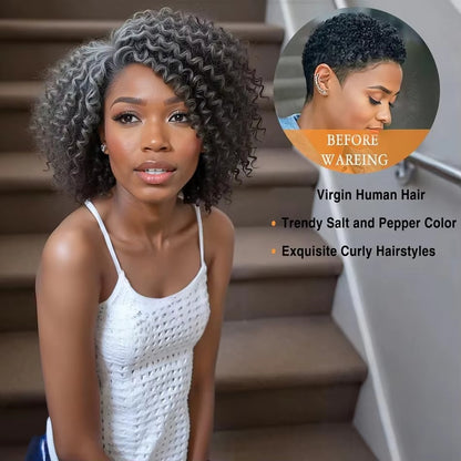 Salt & Pepper Curly Gray Human Hair Wig for Women – Short Kinky Deep Wave Glueless Natural Look Wig