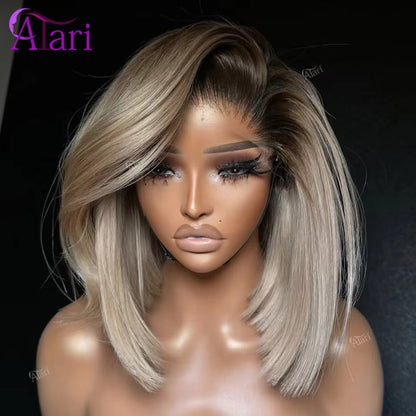 Ash Blonde Bob Wig Human Hair with Brown Roots | 13x4 Transparent Lace Frontal Pre-Plucked Wig