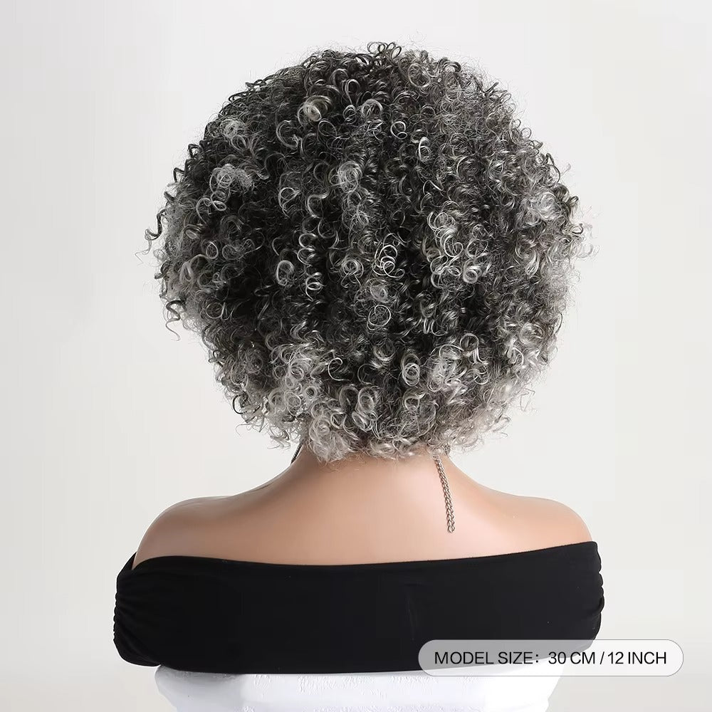 12" Salt and Pepper Curly Wig – Short Grey Synthetic Wig with Bangs