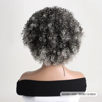 12" Salt and Pepper Curly Wig – Short Grey Synthetic Wig with Bangs