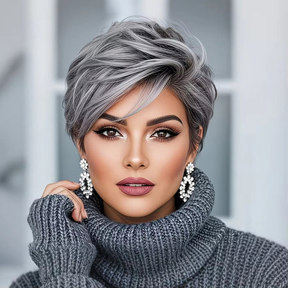 Natural Gray Short Bob Pixie Cut Synthetic Wig with Bangs