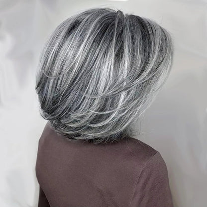 Bright Silver Gray Layered Bob Synthetic Wig with Curtain Bangs