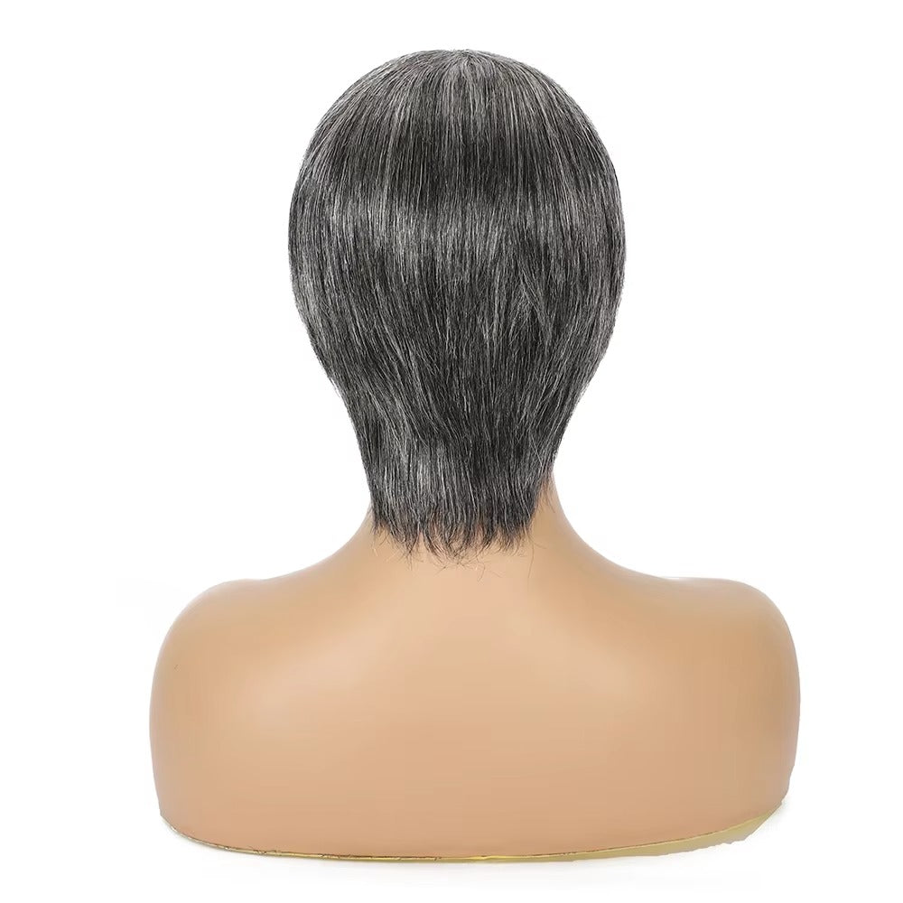 Short Ombre Grey Human Hair Pixie Wig with Bangs | Salt & Pepper