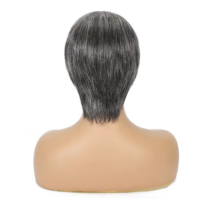 Short Ombre Grey Human Hair Pixie Wig with Bangs | Salt & Pepper