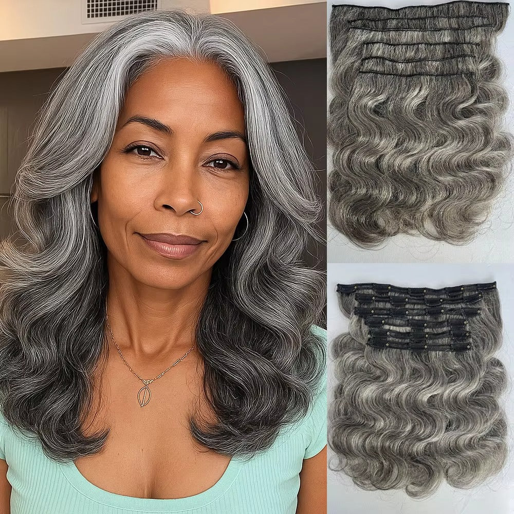 Salt and Pepper Body Wave Clip In Hair Extensions | Human Hair