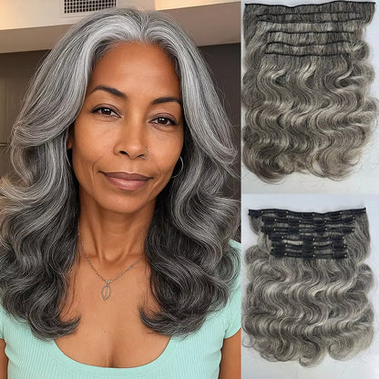 Salt and Pepper Body Wave Clip In Hair Extensions | Human Hair