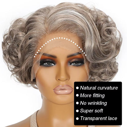 Short Curly Wavy Blonde Grey Synthetic Wig | T-Part Lace Front