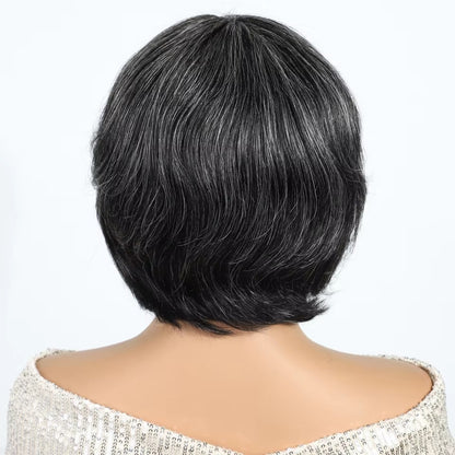 Salt and Pepper Gray Short Pixie Cut Human Hair Wig with Bangs