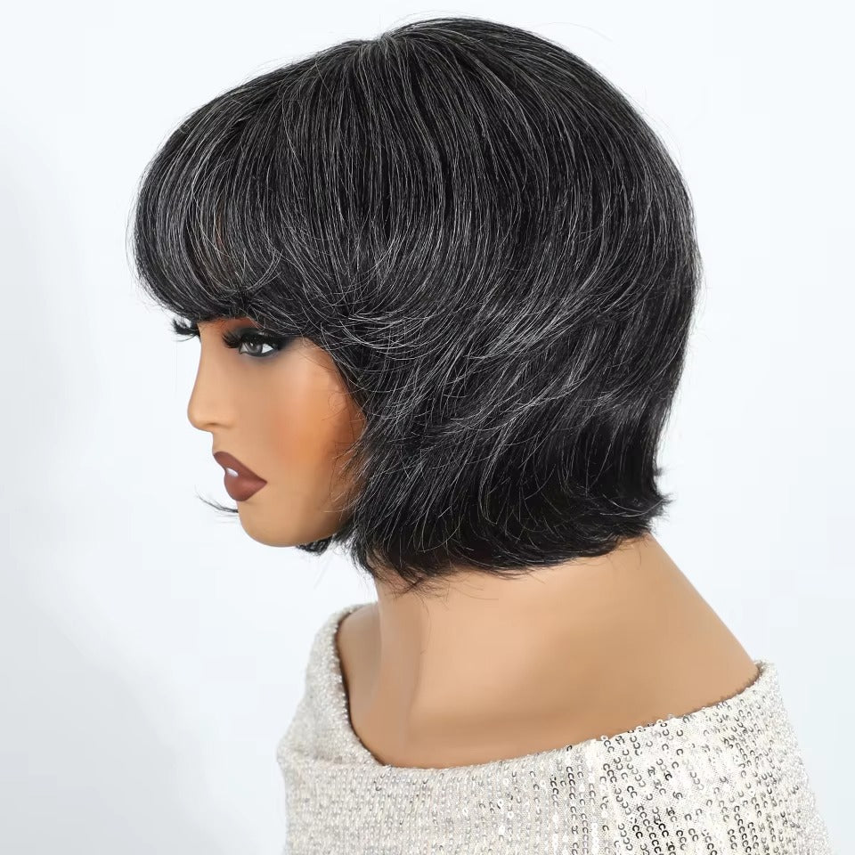 Salt and Pepper Gray Short Pixie Cut Human Hair Wig with Bangs