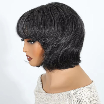 Salt and Pepper Gray Short Pixie Cut Human Hair Wig with Bangs