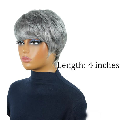 Silver Grey Short Pixie Cut Human Hair Wig with Bangs