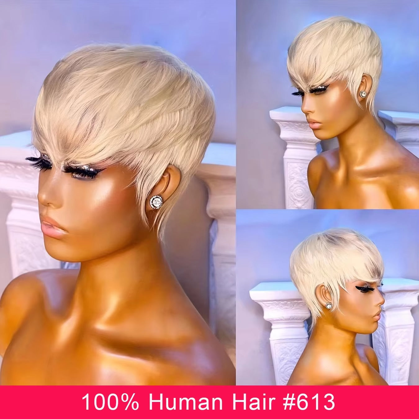 613 Blonde Short Pixie Cut Human Hair Wig with Bangs