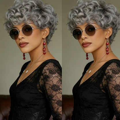 Natural Gray Short Messy Wavy Curly Synthetic Wig | Glueless