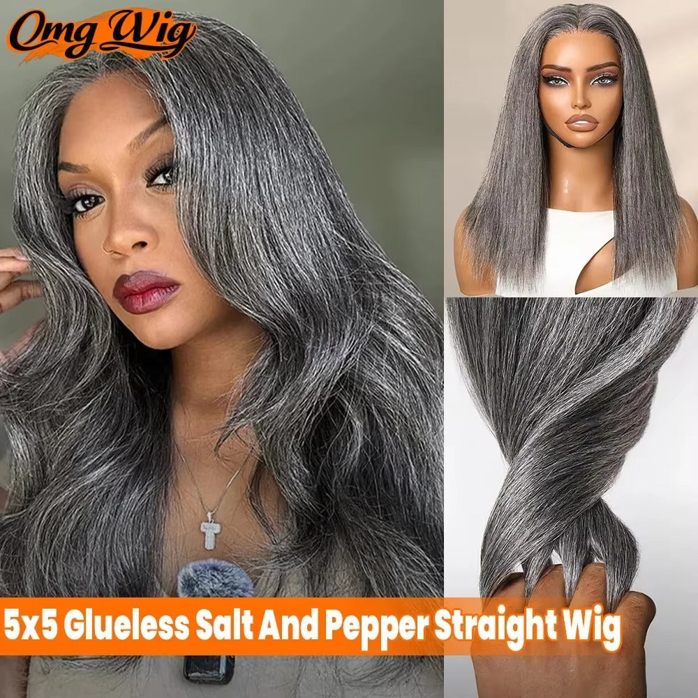 Salt & Pepper Straight Human Hair Wig | 5x5 Glueless Pre-Cut Lace