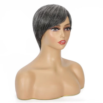 Short Ombre Grey Human Hair Pixie Wig with Bangs | Salt & Pepper