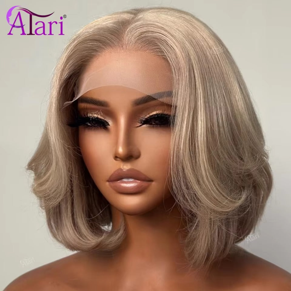 Ash Blonde Bob Wig Human Hair with Brown Roots | 13x4 Transparent Lace Frontal Pre-Plucked Wig