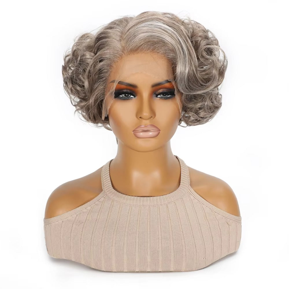 Short Curly Wavy Blonde Grey Synthetic Wig | T-Part Lace Front