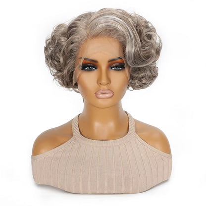 Short Curly Wavy Blonde Grey Synthetic Wig | T-Part Lace Front