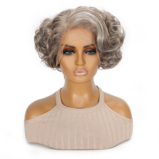 Short Curly Wavy Blonde Grey Synthetic Wig | T-Part Lace Front