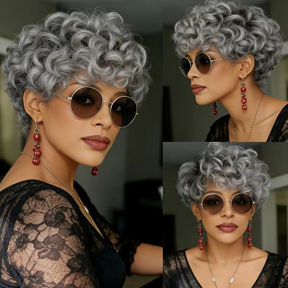 Natural Gray Short Messy Wavy Curly Synthetic Wig | Glueless