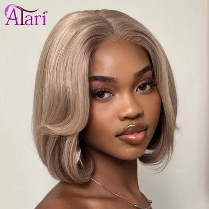 Ash Blonde Bob Wig Human Hair with Brown Roots | 13x4 Transparent Lace Frontal Pre-Plucked Wig
