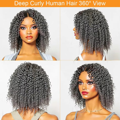 Salt & Pepper Curly Gray Human Hair Wig for Women – Short Kinky Deep Wave Glueless Natural Look Wig