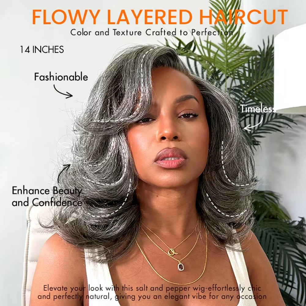 Layered Wave Salt & Pepper Human Hair Wig | 5x5 Pre-Cut Glueless Lace