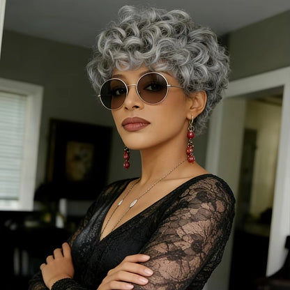 Natural Gray Short Messy Wavy Curly Synthetic Wig | Glueless
