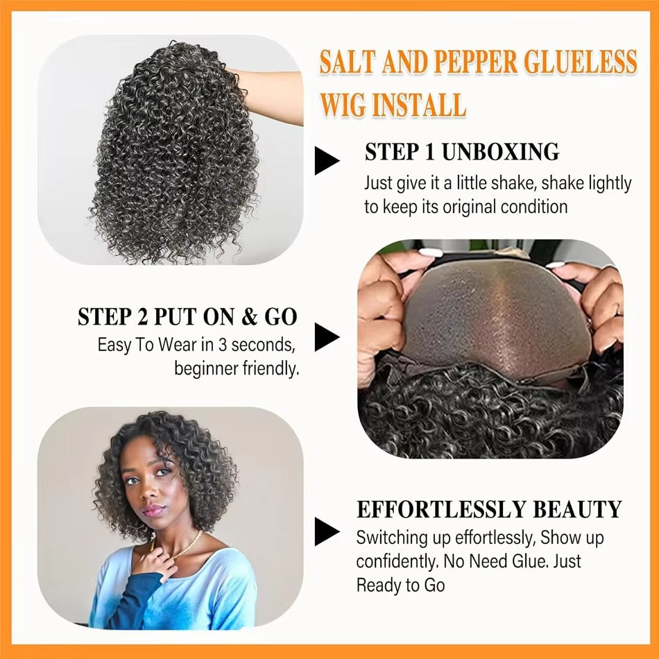 Salt & Pepper Curly Gray Human Hair Wig for Women – Short Kinky Deep Wave Glueless Natural Look Wig