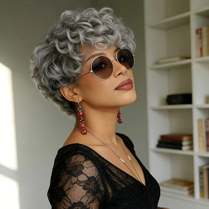 Natural Gray Short Messy Wavy Curly Synthetic Wig | Glueless
