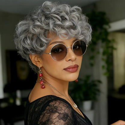 Natural Gray Short Messy Wavy Curly Synthetic Wig | Glueless